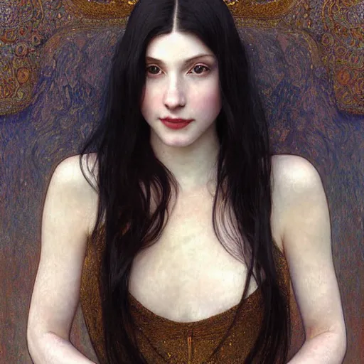 Image similar to Portrait of a beautiful, pale skin, female with long black hair, dark brown eyes, smiling, elegant clothing, photorealistic, highly detailed oil painting, artstation, smooth, sharp focus, art by Klimt, artgerm, Greg Rutkowski and Alphonse Mucha, natural light, Adobe Lightroom, photolab, Affinity Photo, PhotoDirector 365, artstation