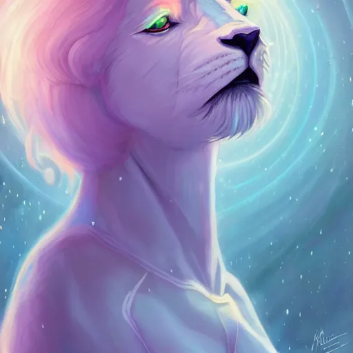 Prompt: aesthetic portrait commission of a albino male furry anthro lion wearing a cute holographic iridescent long sleeved silky reflective shirt outfit with bubble patterns and shapes, winter Atmosphere. Character design by charlie bowater, ross tran, artgerm, and makoto shinkai, detailed, inked, western comic book art, 2021 award winning painting