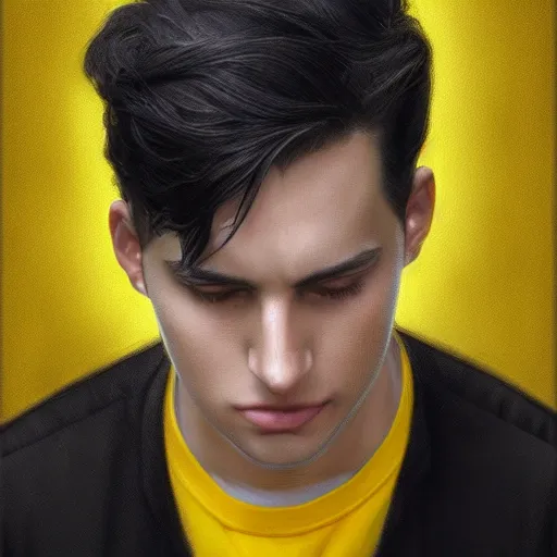 Image similar to ultra realistic illustration, a young man with black hair, in a checkered yellow and black shirt, with blue eyes, highly detailed, digital painting, artstation, concept art, smooth, sharp focus, illustration, art by artgerm and greg rutkowski and alphonse mucha