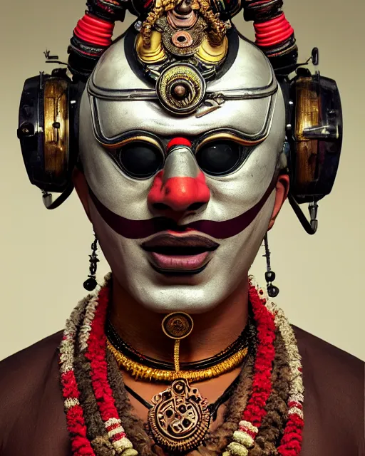 Prompt: photo of a Dramatic angry Kathakali male character with painted face wearing futuristic MadMax style steampunk goggles and accessories in the style of stefan kostic, realistic, sharp focus, symmetric, 8k high definition, insanely detailed, intricate, elegant, art by stanley lau and artgerm, Hajime Sorayama, William-Adolphe Bouguereau