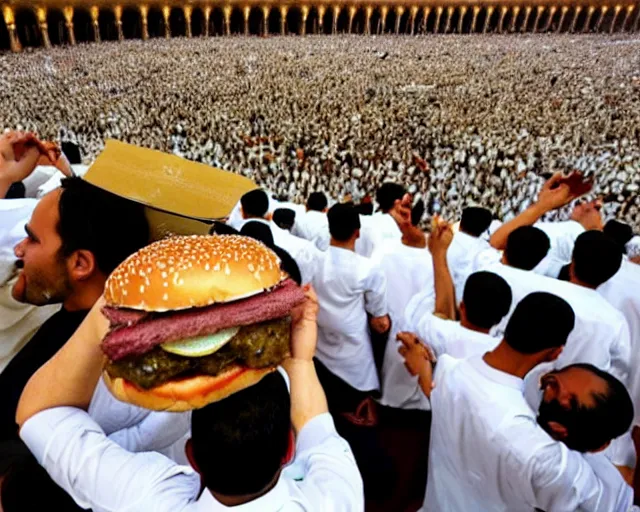 Image similar to 10,100 adoring lovers surrounding the kaaba inspired burger in mecca