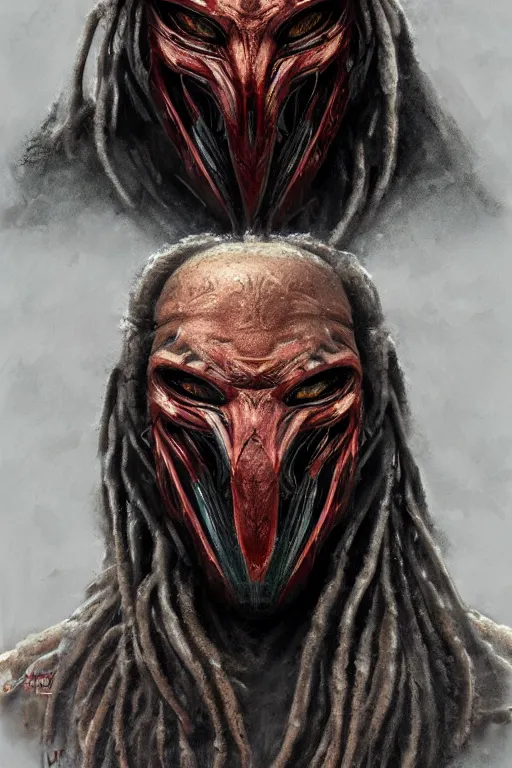 Image similar to predator 1 9 8 7 mask redesign, portrait, highly detailed, dreadlocks, mandables, digital painting, trending on artstation, concept art, illustration