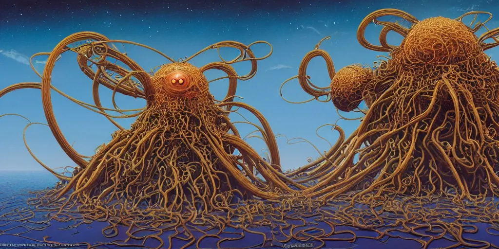 Image similar to concept art of the flying spaghetti monster with eyes on antennae flying in the outer space by roger dean, by masamune shirow, by wayne barlowe, futuristic, portrait, 4 k, wide eyes, hyper detailed, hyperrealism, muted colors,