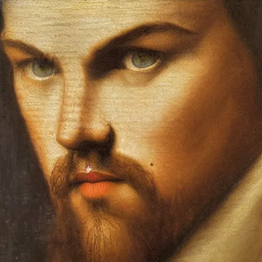 Image similar to dicaprio by davinci, oil canvas