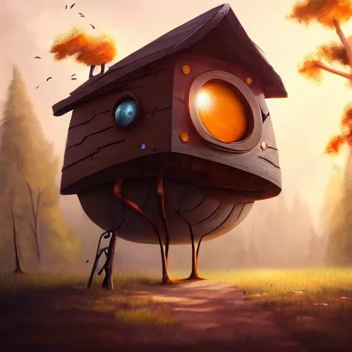 Prompt: a walking wood and metal house with two legs and one big eye, rust, hyperrealistic, highly detailed, cinematic, single ray of sun, morning, pareidolia, gravity falls style, disney, beautiful, cgssociety, artstation, 8 k, oil painting, digital art