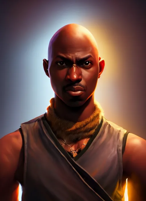 Image similar to An epic fantasy comic book style portrait painting of a young dark skinned thief with broad shoulders and a bald head in a vest, unreal 5, DAZ, hyperrealistic, octane render, cosplay, RPG portrait, dynamic lighting