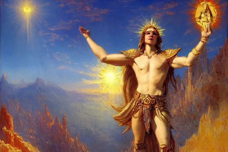 Image similar to illustration of a mythical hero standing at the top of a mountain with the sun in his hands, holding it up to shine over the world. mythology. art by gaston bussiere.