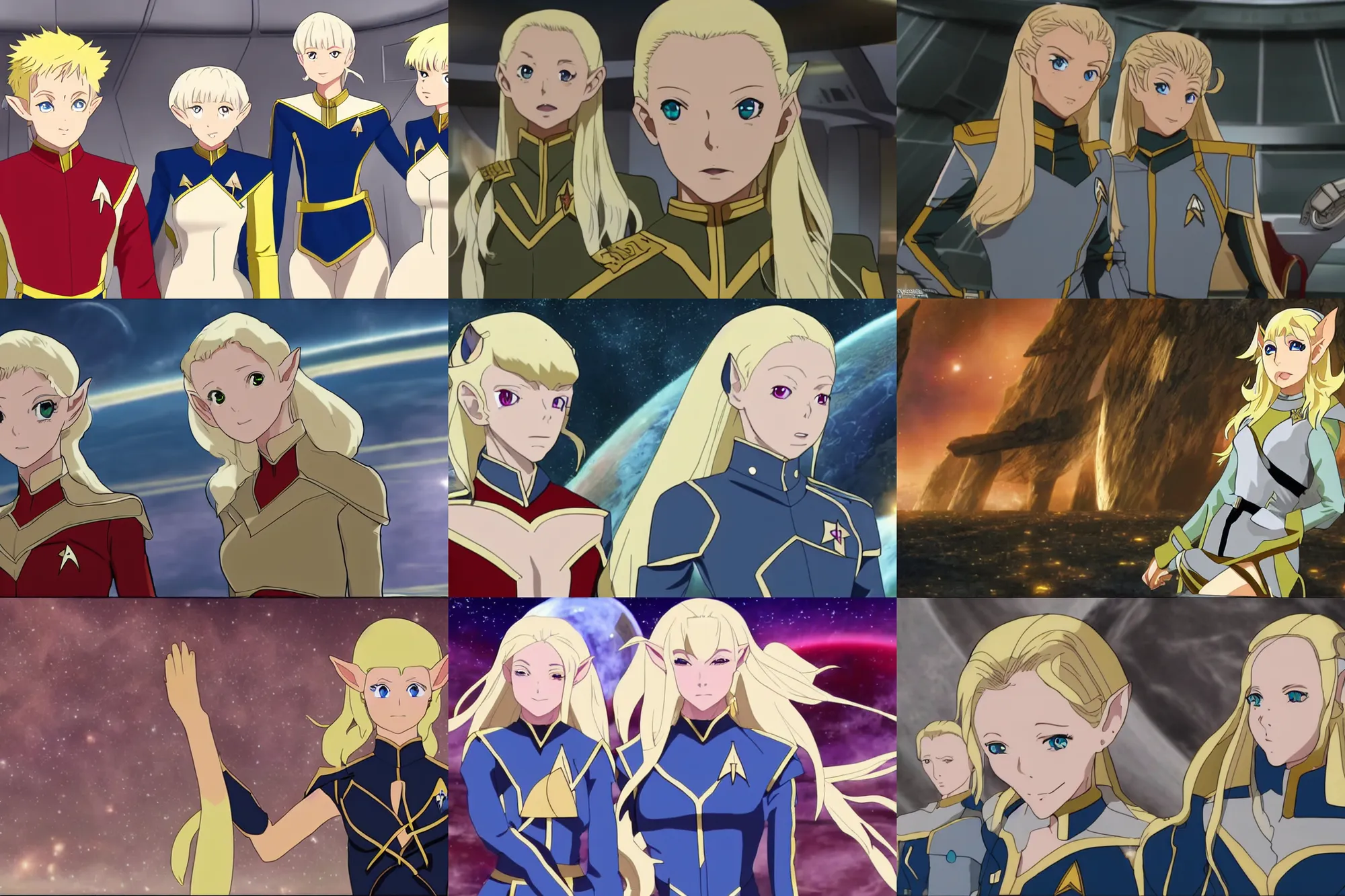 Prompt: 4K anime video of young attractive high-fantasy elf (blond) in a Starfleet uniform in Star Trek, scene where she is on Deep Space Nine, soft light, cinematic lighting, sharp, in the style of Fate/Unlimited Blade Works