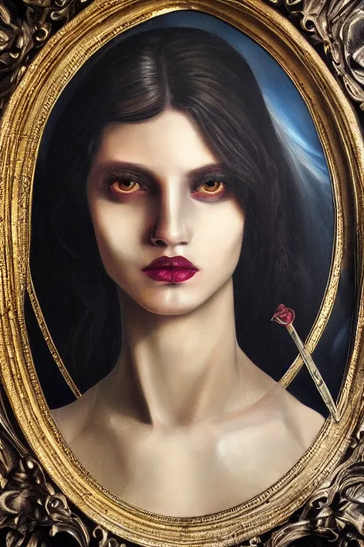 Prompt: hyperrealism oil painting, close - up portrait of european medieval brunette vampire fashion model, knight, steel gradient mixed with nebula sky, in style of baroque