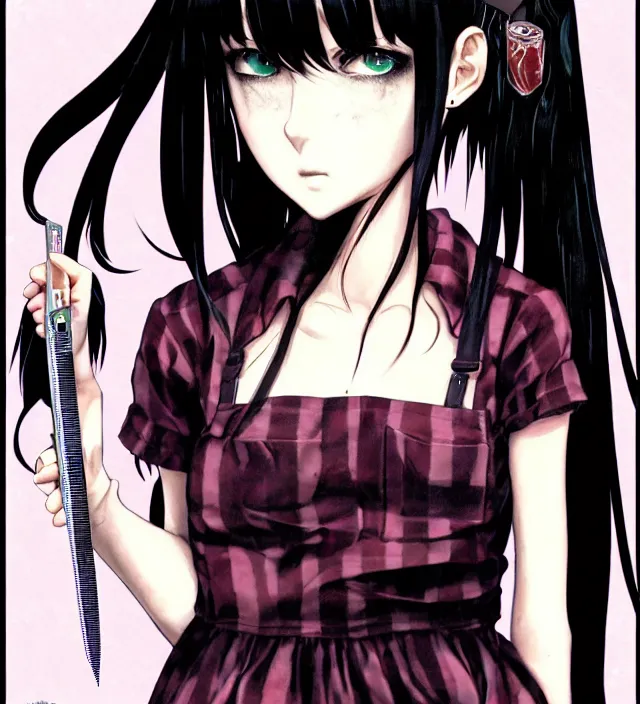 Image similar to portrait of a morbid 18 year old young woman wearing a grunge aesthetic dress with straight silky black hair, in a butcher shop, queen of sharp razorblades holds a single individual razerblade her hand and shows it to the user, in the style of Range Murata and by Katsuhiro Otomo.