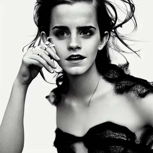 Image similar to Emma Watson closeup of face shoulders and very long hair hair pouting and grinning Vogue fashion shoot by Peter Lindbergh fashion poses detailed professional studio lighting dramatic shadows professional photograph by Cecil Beaton, Lee Miller, Irving Penn, David Bailey, Corinne Day, Patrick Demarchelier, Nick Knight, Herb Ritts, Mario Testino, Tim Walker, Bruce Weber, Edward Steichen, Albert Watson