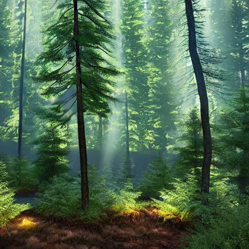 Image similar to a dense forest, brush and flowers on the forest floor, pine and spruce trees. Lighting, thick, painted, nvidia demo, point of view, dark, rays of light peeking through the leaves, symmetrical, detail.