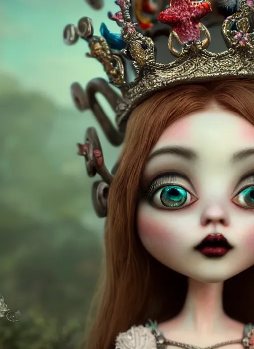 Image similar to highly detailed closeup, profile portrait of a tin toy goth fairytale princess wearing a crown, bikini, unreal engine, nicoletta ceccoli, mark ryden, earl norem, lostfish, global illumination, detailed and intricate environment