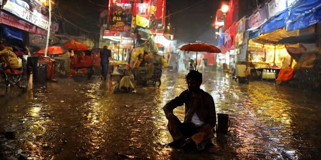 Image similar to man drinking tea during a rainy night in a busy street in lahore