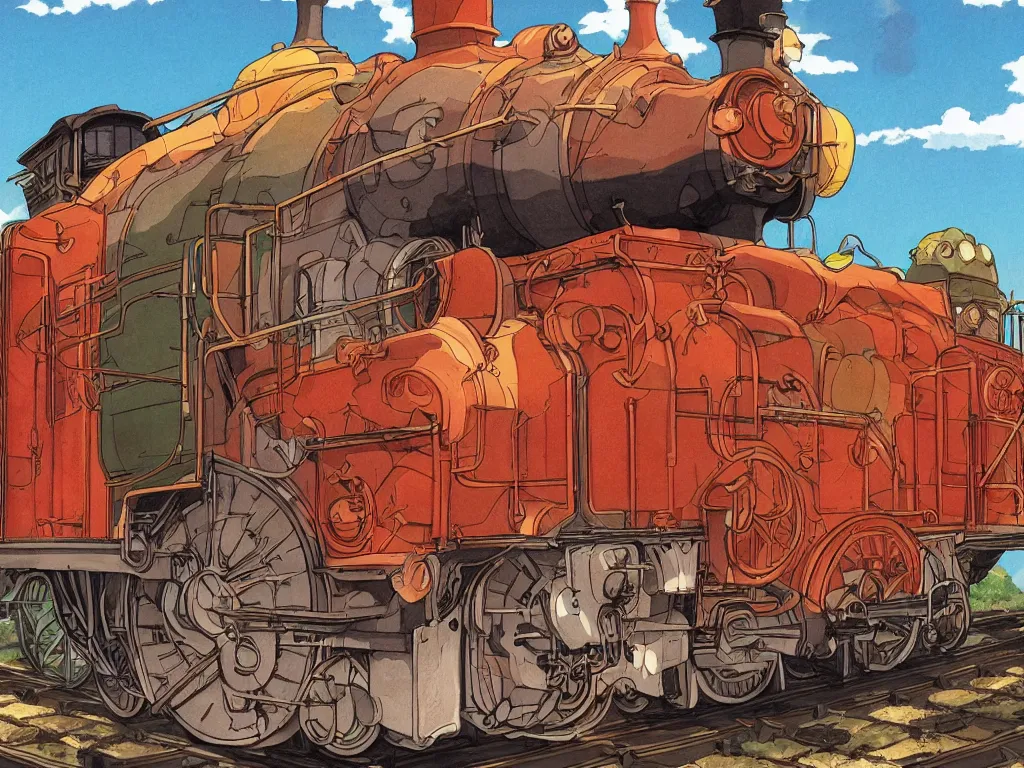 Prompt: cross - section close - up sideview of a steam anime train, autumn light, colorful, nausicaa of the valley of the wind, beautiful, by studio ghibli, digital art, concept art, manga, cute and adorable, illustration