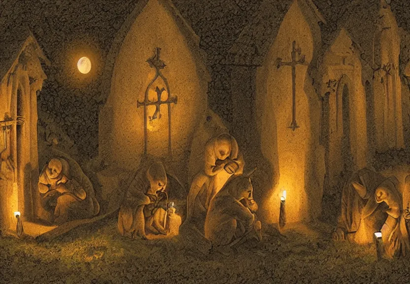 Image similar to monk possums at a medieval cemetery at night, highly detailed, digital art, isometric