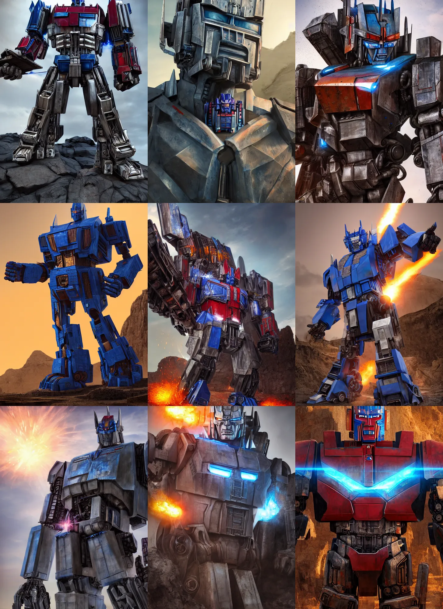 Prompt: exciting character portrait of optimus prime from transformers in robot mode standing in a rock quarry, daytime, digital painting, robot made of truck parts, concept art, industrial light and magic, industrial light & magic, ilm, substance painter, octane render, 8 k, painted texture maps, michael bay transformers, trending on artstation, realistically proportioned body