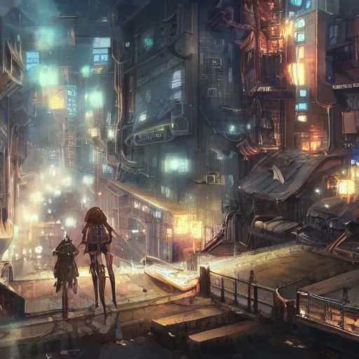 Image similar to screenshot from an anime, hd, artstation, sci-fi, anime in a steampunk city