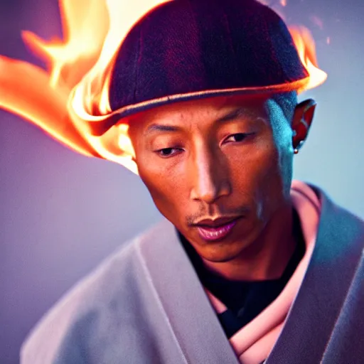 Image similar to cinematic film still Pharrell Williams starring as a Samurai holding fire, Japanese CGI, VFX, 2003, 40mm lens, shallow depth of field,film photography