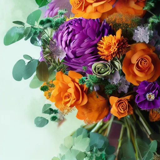 Image similar to a beautiful stunning fantasy matte digital painting of a bouquet made of orange roses and orange chrysanthemums and purple poppies and green eucalyptus and green flora, a photograph painted in the style of Bridal Magazine, professional floral arrangement, professional lighting, trending on artstation hq, contest winner