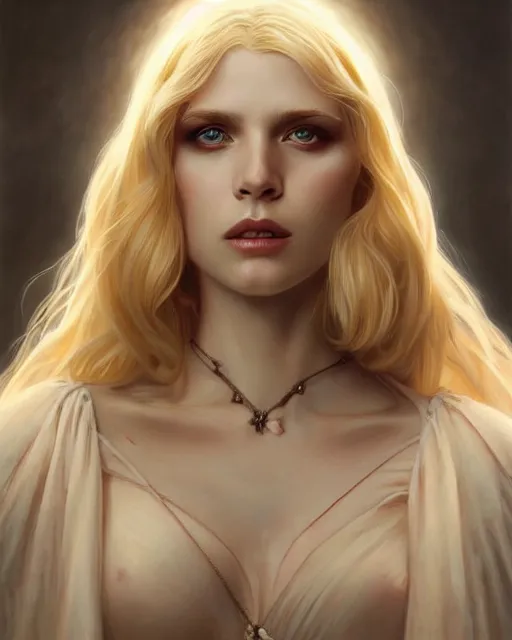 Prompt: portrait of a beautiful young blonde vampire, dark, piercing eyes, gentle expression, elegant clothing, photorealistic, highly detailed, artstation, smooth, sharp focus, art by michael whelan, artgerm, greg rutkowski and alphonse mucha