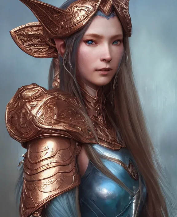 Prompt: a beautiful and highly detailed digital portrait of a dignified elf with long blue hair in rose gold armor by jia ruan, clint cearley, and karol bak, centered, artsation contest winner, cgsociety, fantasy art, cryengine, concept art, photorealism, daz 3 d, sketchfab, zbrush, vray