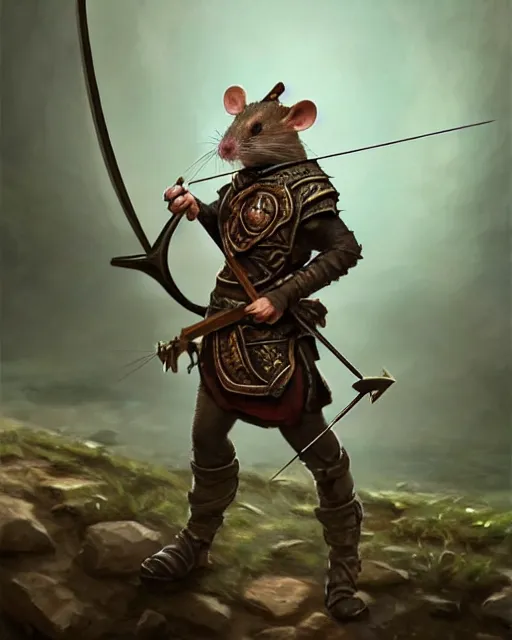 Image similar to closeup 2 8 mm anthropomorphic archer rat using a crossbow in a castle, d & d, fantasy, intricate, action pose, particle effects, highly detailed, digital painting, artstation, concept art, matte, sharp focus, volumetric lighting, illustration, hearthstone, art by artgerm, wlop, craig mullins, alphonse mucha