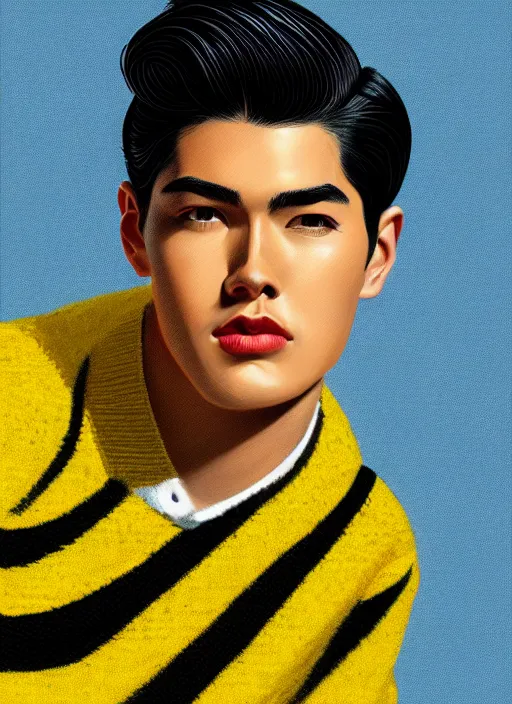 Image similar to portrait of young reggie mantle, mean smirk, egotistical, slicked back hair, striped yellow and black sweater, 1 9 5 0 s, intricate, elegant, glowing lights, highly detailed, digital painting, artstation, concept art, smooth, sharp focus, illustration, art by wlop, mars ravelo and greg rutkowski