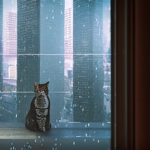 Prompt: A cat sitting on a Windows watching the view of a cyberpunk city, 24mm, 8k, octane render, beautiful, peaceful, cyberpunk, moody, raining, rain, super detailed, dof, volumetric lighting, rtx, raytracing, cyberpunk 2077.