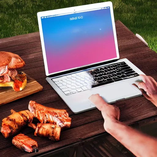 Image similar to friends have bbq eating Macbook Pros and iPad, photorealistic, 3d, Octane Render, Cinematica, perfect lightning