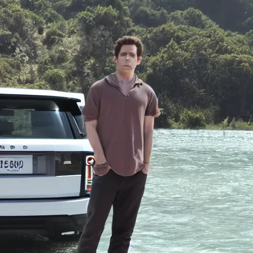 Image similar to dennis reynolds a. k. a. the golden god, standing next to his range rover near a body of water, cinematic style