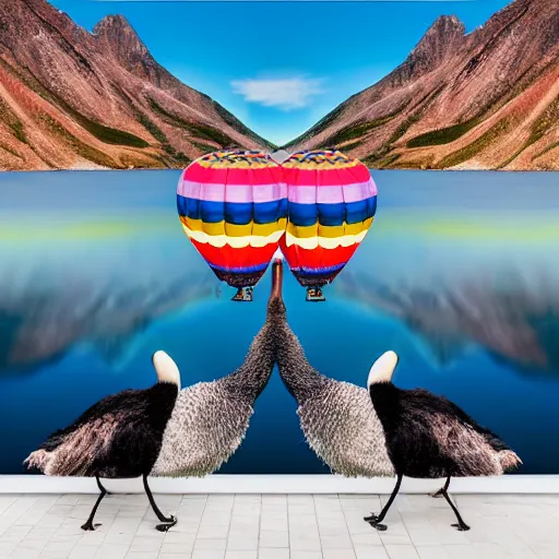 Image similar to photo of two black swans touching heads in a beautiful reflective mountain lake, a colorful hot air balloon is flying above reflecting off water, hot air balloon, intricate, 8k highly professionally detailed, centered, HDR, CGsociety