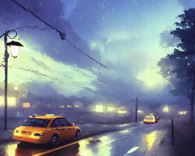 Prompt: one single taxi cab driving down a rainy country road through a field, gaslight, street lamps. Side view, full shot. Anime, By Makoto Shinkai, Stanley Artgerm Lau, WLOP, Rossdraws, James Jean, Andrei Riabovitchev, Marc Simonetti, krenz cushart, Sakimichan, trending on ArtStation, digital art.