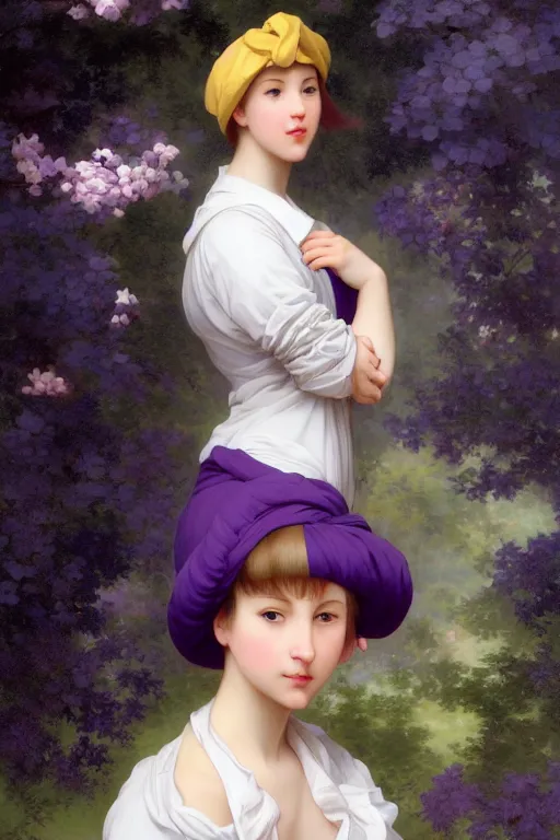 Image similar to Full View girl with short blond hair wearing an oversized purple Beret, Baggy Purple overall shorts, Short Puffy pants made of silk, silk shoes, a big billowy scarf, Golden Ribbon, and white leggings Covered in stars. Short Hair. masterpiece 4k digital illustration by Ruan Jia and Mandy Jurgens and Artgerm and william-adolphe bouguereau, award winning, Artstation, art nouveau aesthetic, Alphonse Mucha background, intricate details, realistic, panoramic view, Hyperdetailed, 8k resolution, intricate art nouveau