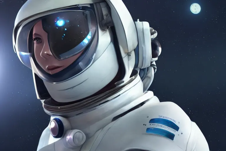 Image similar to futuristic astronaut chasing a distant spaceship Anime, portrait cute-fine-face, pretty face, realistic shaded Perfect face, wide angle, fine details, cinematic. galaxy starscape. realistic shaded lighting by Ilya Kuvshinov Giuseppe Dangelico Pino and Michael Garmash and Rob Rey greg rutkowski, octane render, IAMAG premiere, aaaa achievement collection, elegant freckles, cinematic hologram, fabulous, daily deviation, annual award winner