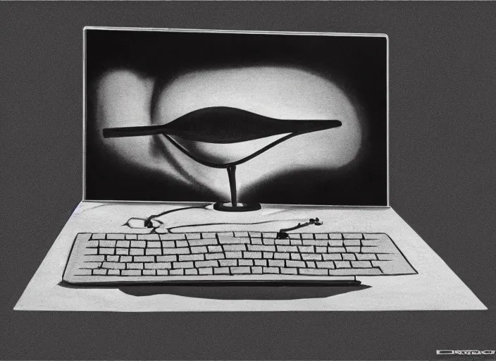 Prompt: photo of a salvador dali laptop, photorealistic, dark, on desk, amateur photo