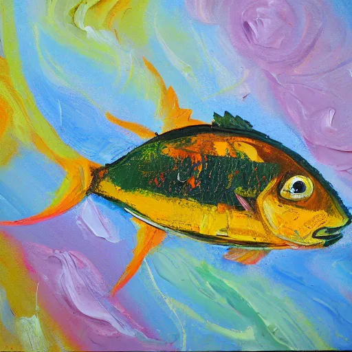 Prompt: fish in school, impasto painting