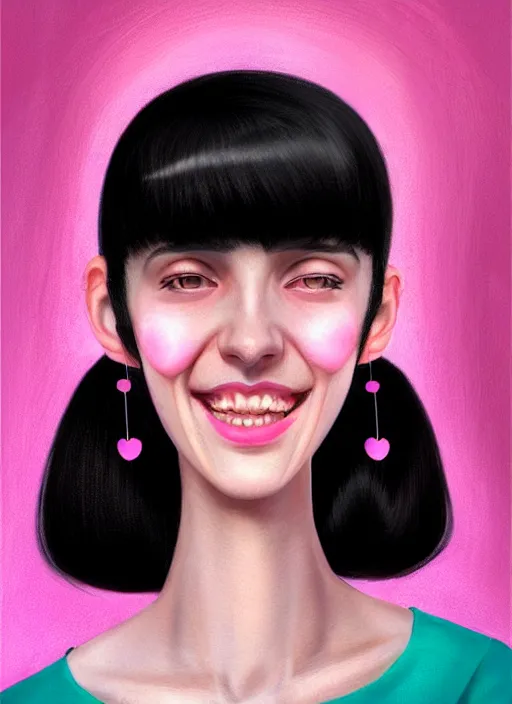 Image similar to portrait of high school girl, realistic, black hair, bangs, half updo hairstyle, pointy nose, skinny, smile, ugly, defined jawline, big chin, pink hair bow, earrings, intricate, elegant, glowing lights, highly detailed, digital painting, artstation, sharp focus, illustration, art by wlop, mars ravelo and greg rutkowski