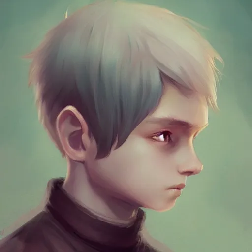 Image similar to teen boy, child, azure hair, short hair, serious, intricate, ethereal, highly detailed, sharp focus, artstation, by charlie bowater