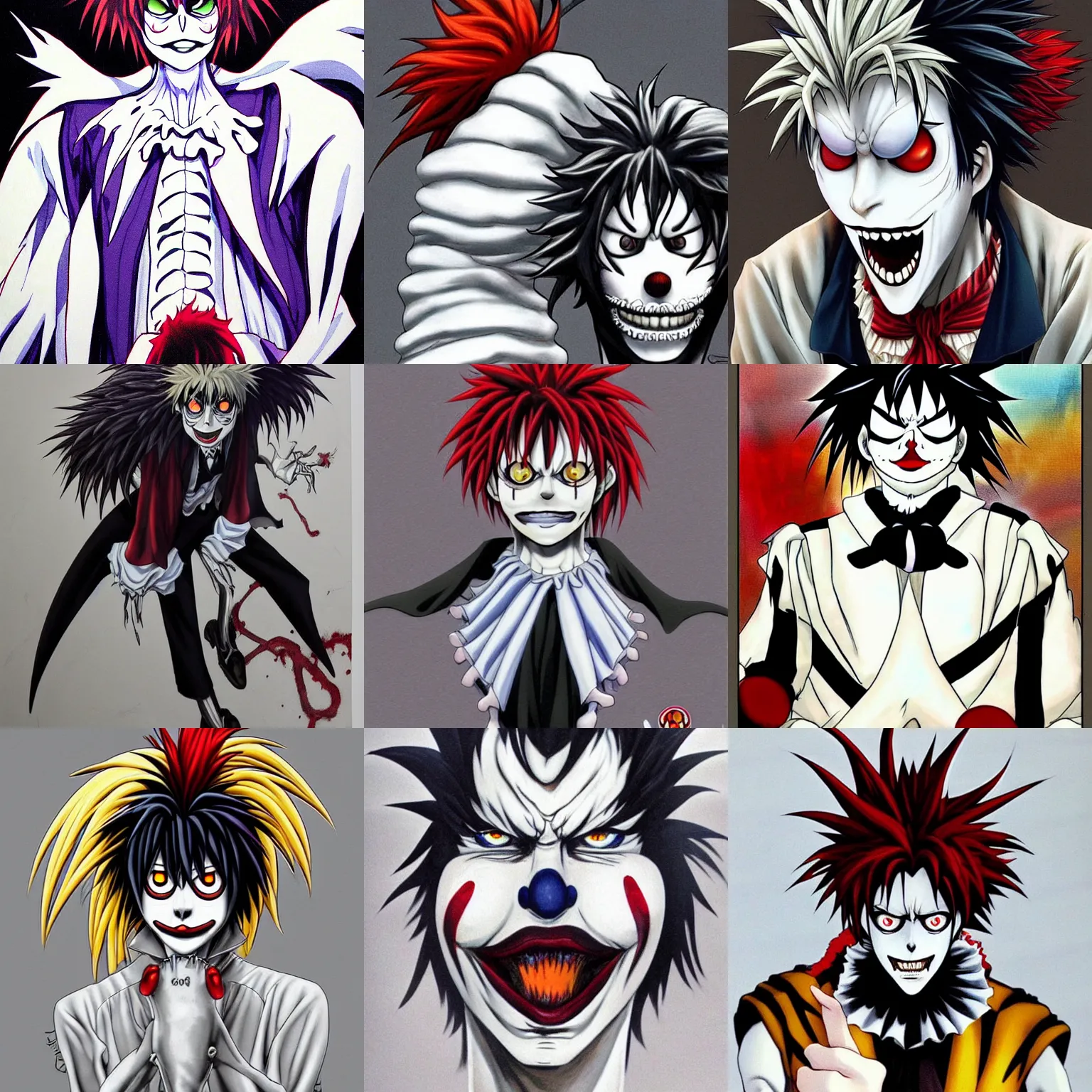 Prompt: ( ( ( ryuk ) ) ) from death note as ( ( ( ronald mcdonald ) ) ), clown, god of death, by takeshi obata trending on artstation, anime