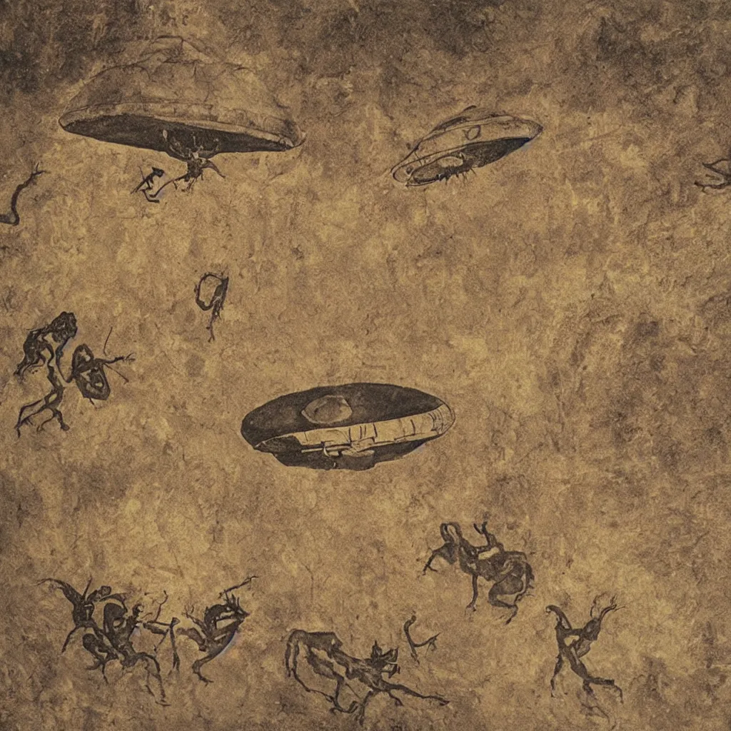 Image similar to cave painting of a ufo encounter, incredible photograph, detailed, historical photography