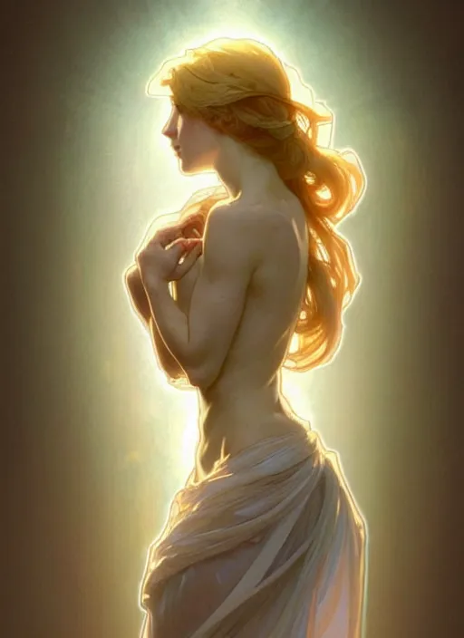 Image similar to digital character concept art by artgerm and greg rutkowski and alphonse mucha. clear portrait of a shy modern wife blessed by god to grow immaculately fertile and perfect!! blonde, in clothes! holy body! light effect. hyper detailed, glowing lights!! intricate, elegant, digital painting, artstation, smooth, sharp focus