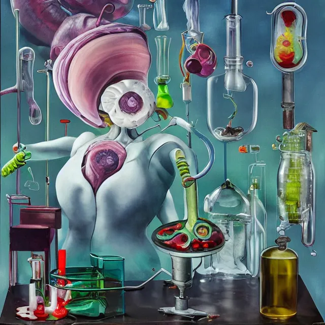 Prompt: female android, surgical equipment, giant octopus, dinosaur bones, raw pork, berry juice drips, pancakes, berries, scientific glassware, plant roots, art supplies, candles dripping wax, neo - impressionist surrealism, acrylic and spray paint and oilstick on canvas, by studio ghibli