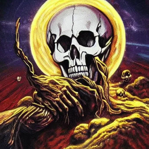 Prompt: ultrarealistic comic painting of a skull face Jesus Christ with the earth sphere in background, drowning into thermonuclear blast mushroom, praying for peace