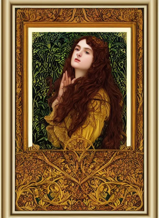 Image similar to masterpiece beautiful seductive flowing curves pose preraphaelite portrait photography, extreme closeup shot, straight bangs, thick set features, yellow ochre ornate medieval dress, amongst foliage mushroom forest arch, william morris and kilian eng and mucha, framed, 4 k
