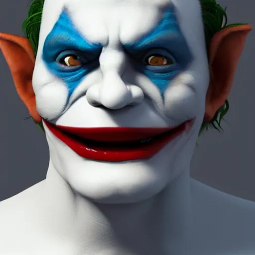 Image similar to 3 d render of a photorealistic human troll face with joker makeup wearing a suede leather jacket blue jeans, 8 k, very detailed, very intricate, white background,