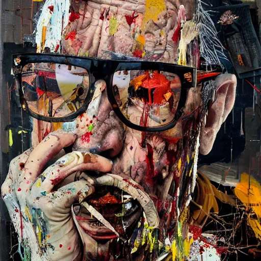 Image similar to hyperrealistic, photorealistic, mixed media oil painting of hunter s. thompson, magazine scraps, plaster, blood, oil, mustard, splatter, greg rutkowski, basquiat, ralph steadman, wesley kimler