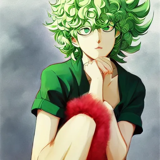 Prompt: tatsumaki from one punch man, painting, cool color palette, refreshing, soft lighting, by cushart krenz, by makoto shinkai