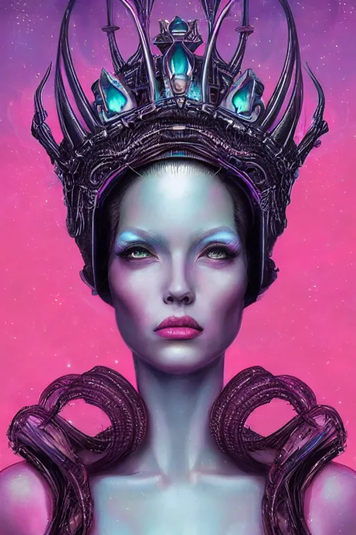 Image similar to portrait of a alien queen wearing an elaborate crown, straight on portrait, by artgerm, tom bagshaw, gerald brom, vaporwave colors, lo fi colors, vaporwave, lo fi, 2 point studio lighting, dramatic lighting, creepy aesthetic, 4 k, hd,