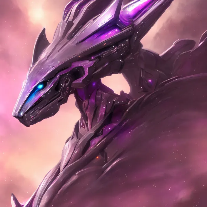 Prompt: cinematic close shot, cosmic sized proportional stunning beautiful hot female warframe, detailed robot mecha female dragon head, metal ears purple eyes, sleek silver armor, fuschia skin, floating in empty space, nebula sized, posing elegantly, epic proportions, epic size, epic scale, furry art, dragon art, giantess art, warframe fanart, furaffinity, deviantart